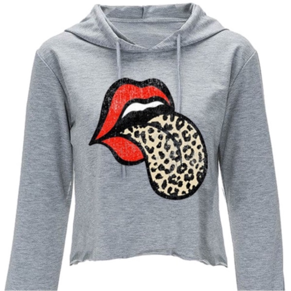 Awesome Leopard Crop Hoodie Rolling Stones Graphic Loose Fit Drawstring szM NWOT